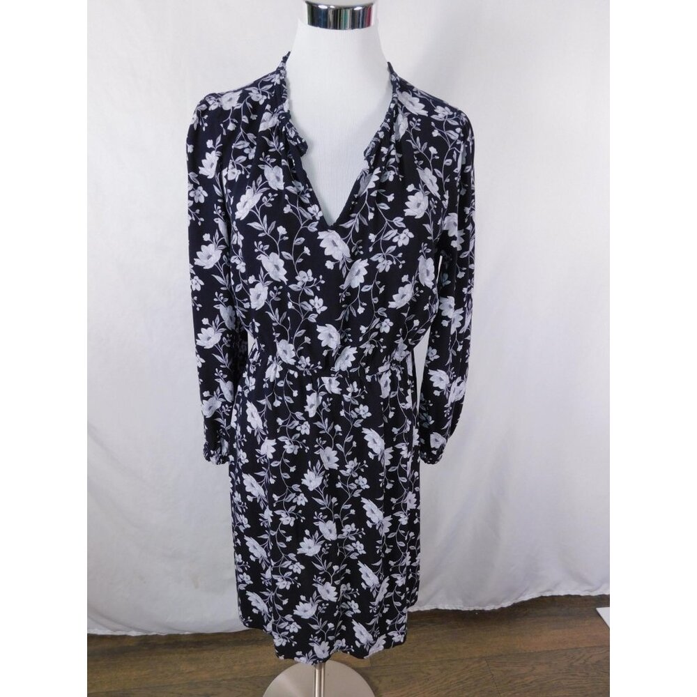 Old Navy Dress Womens Medium Black White Floral Long Sleeve V-Neck Elastic Waist